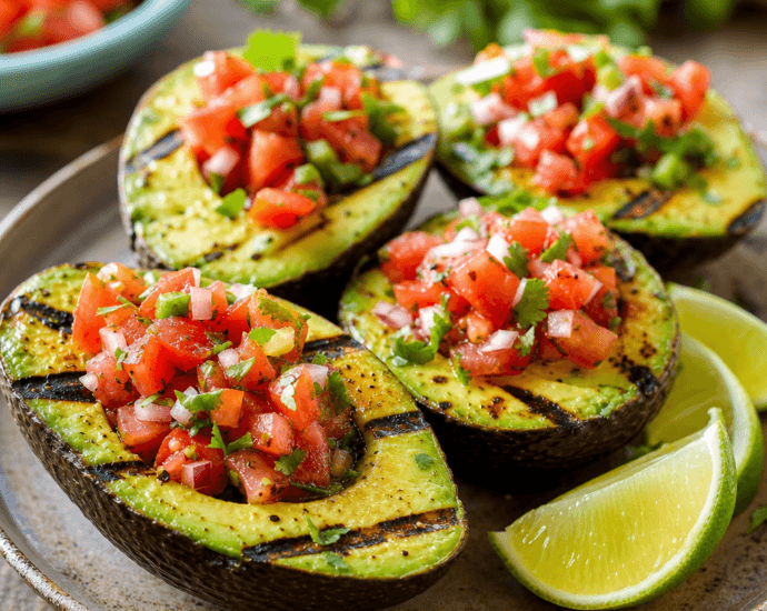Grilled avocado halves stuffed with salsa