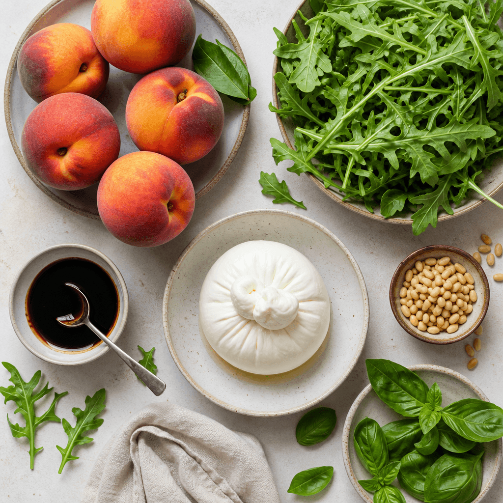Grilled Peach and Burrata Salad ingredients