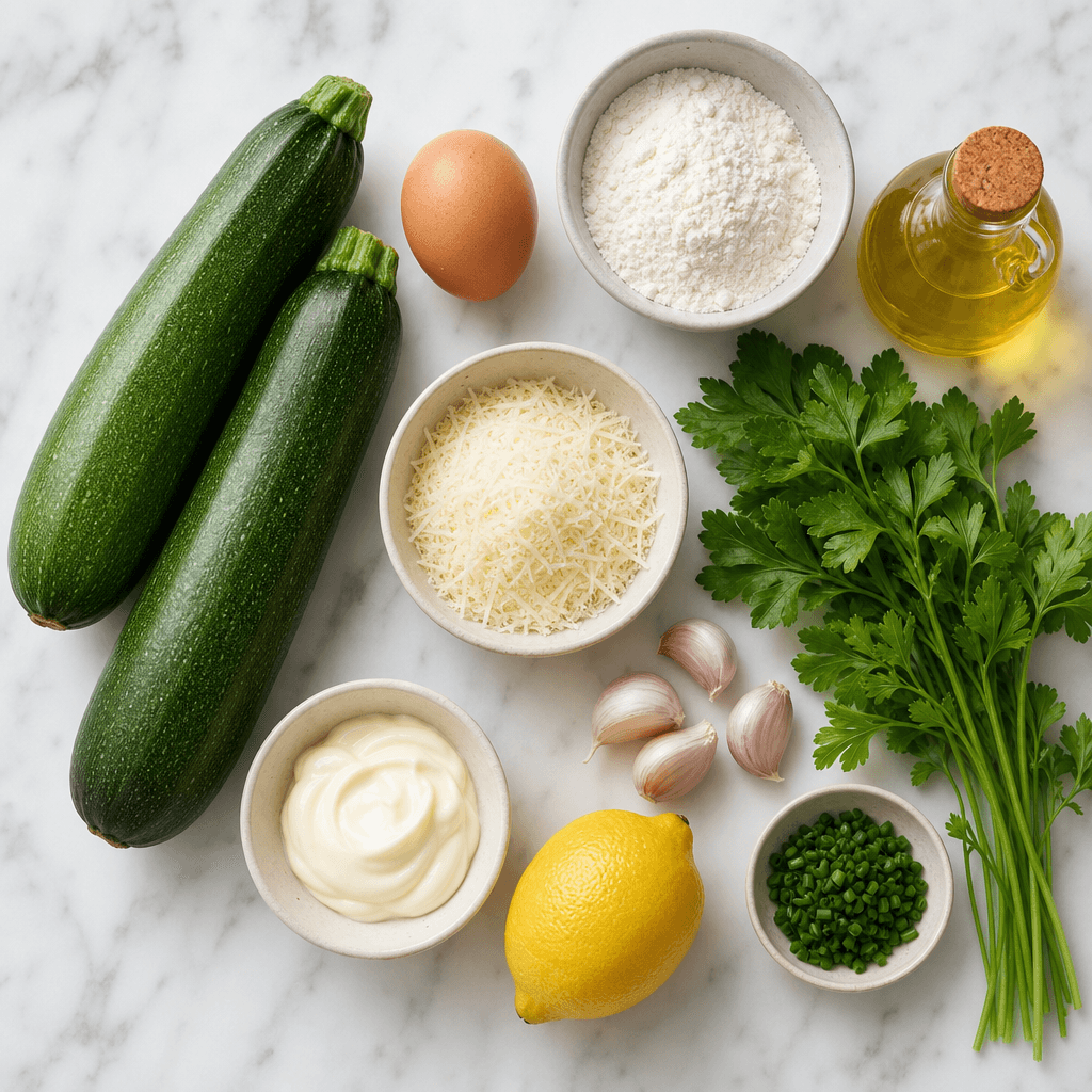 Crispy Zucchini Fritters with Creamy Garlic Aioli ingredients
