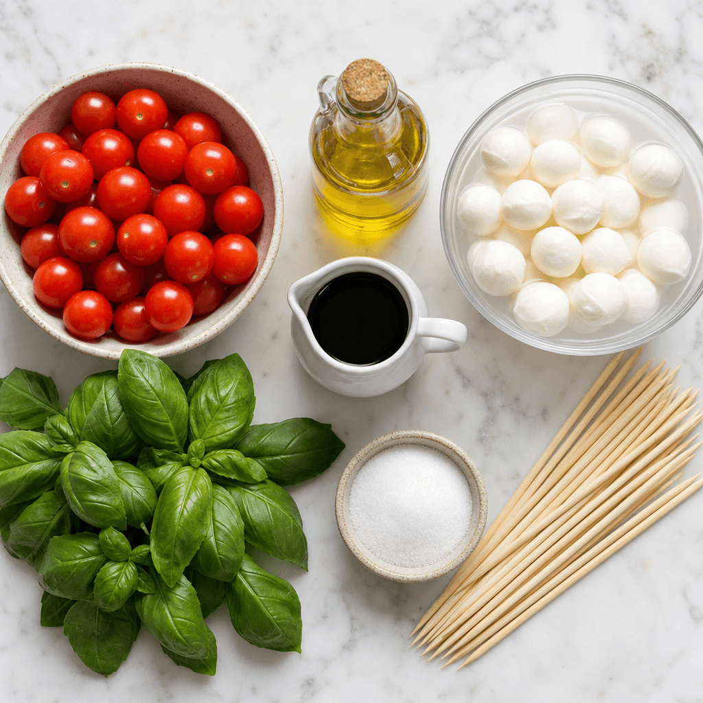 Easy Caprese Skewers with Homemade Balsamic Glaze ingredients
