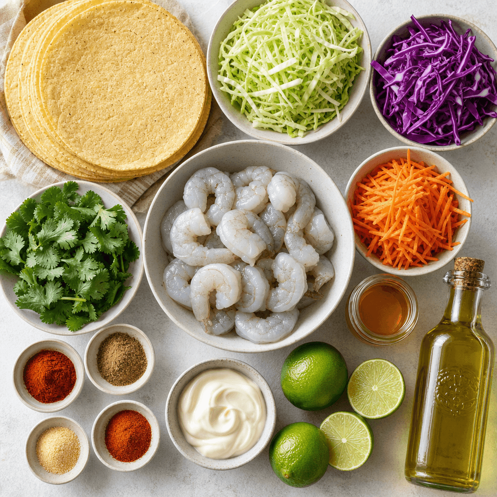 Spicy Grilled Shrimp Tacos with Slaw ingredients