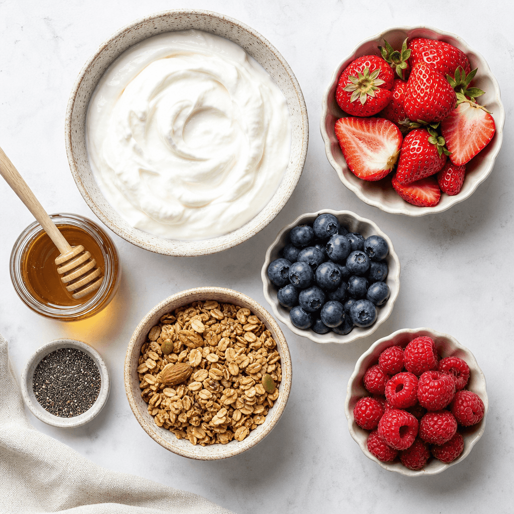 Greek Yogurt Parfait with Berries and Honey ingredients