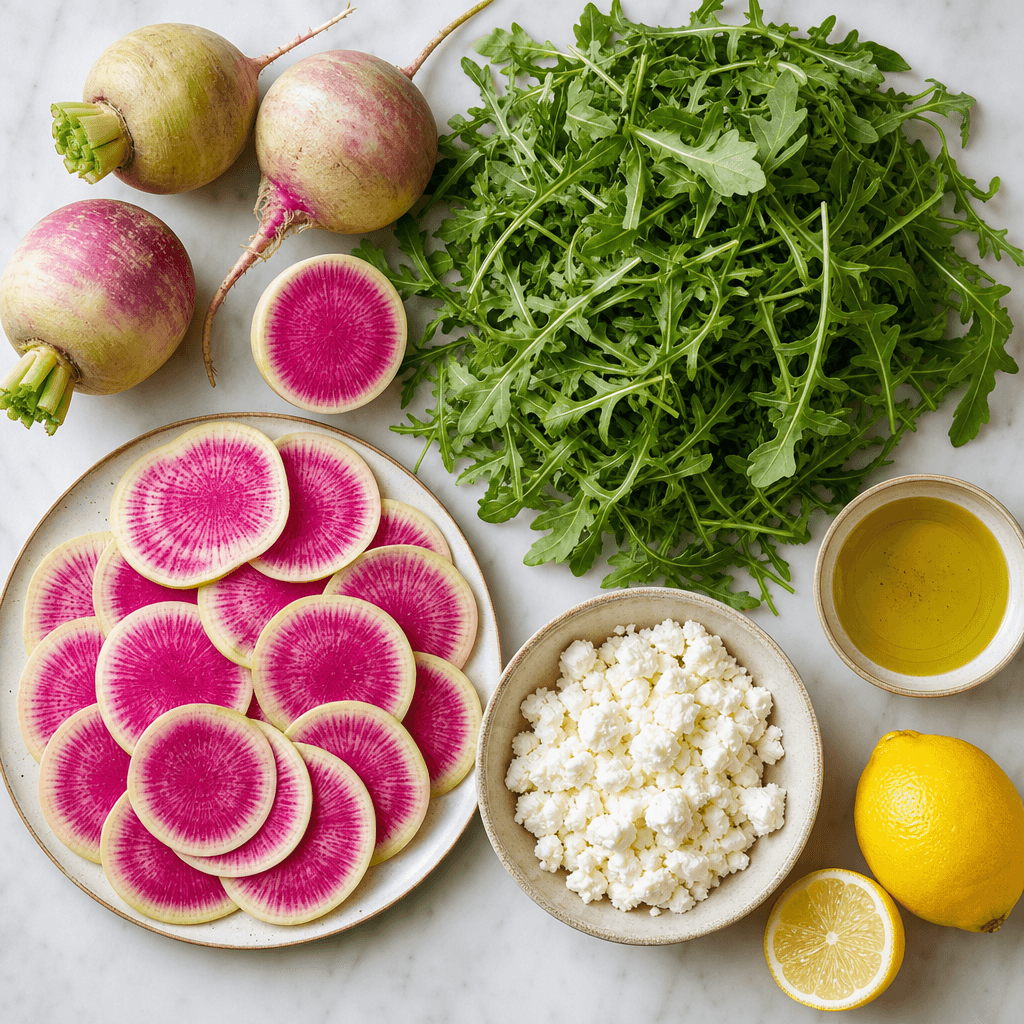 Watermelon Radish Salad with Feta and Arugula ingredients
