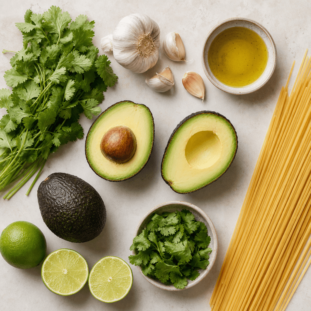 Creamy Avocado Pasta with Lime and Cilantro ingredients