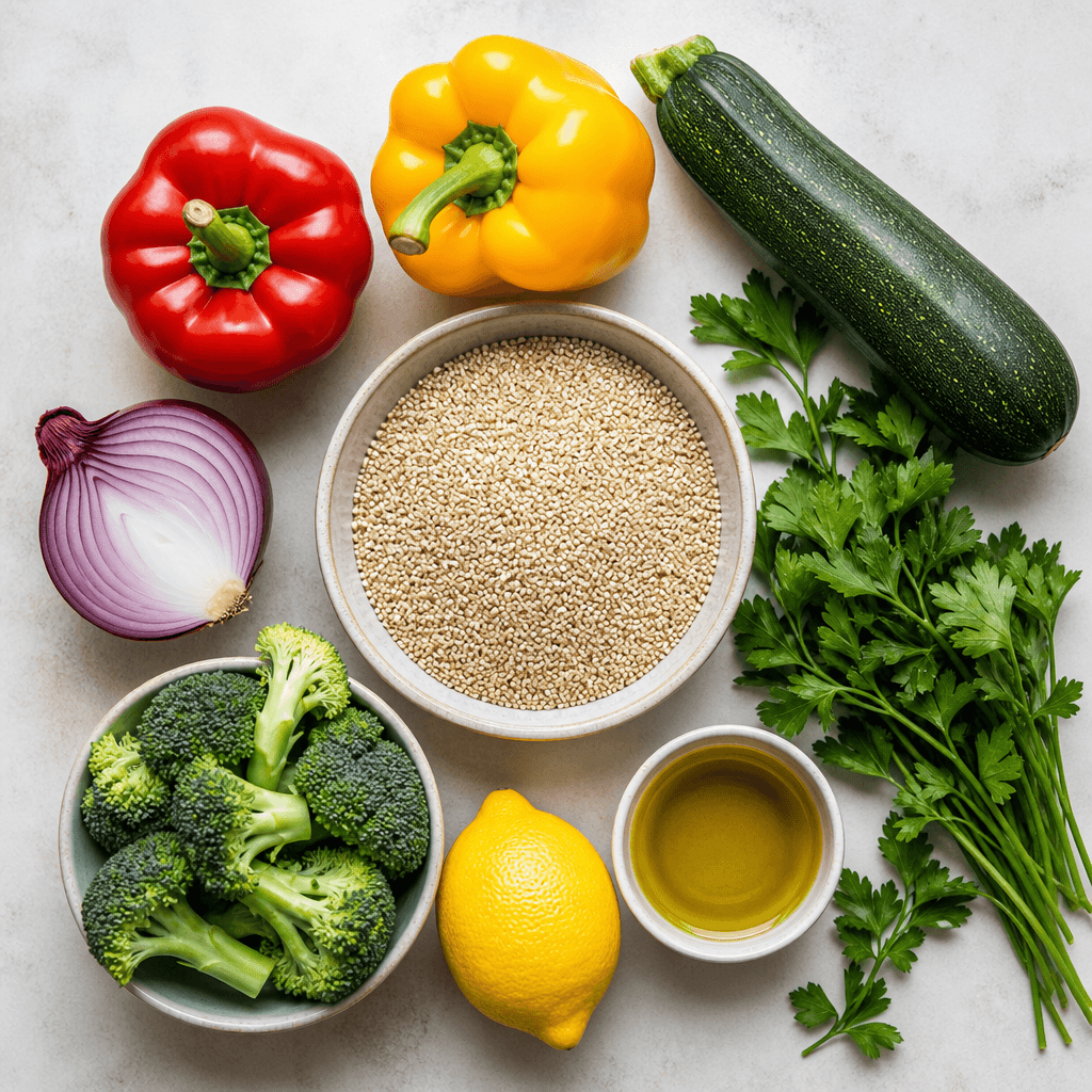 Healthy Warm Quinoa Salad with Roasted Vegetables ingredients