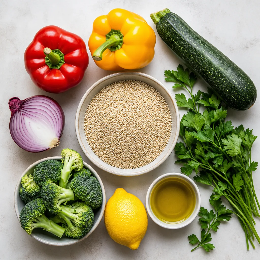 Healthy Warm Quinoa Salad with Roasted Vegetables ingredients
