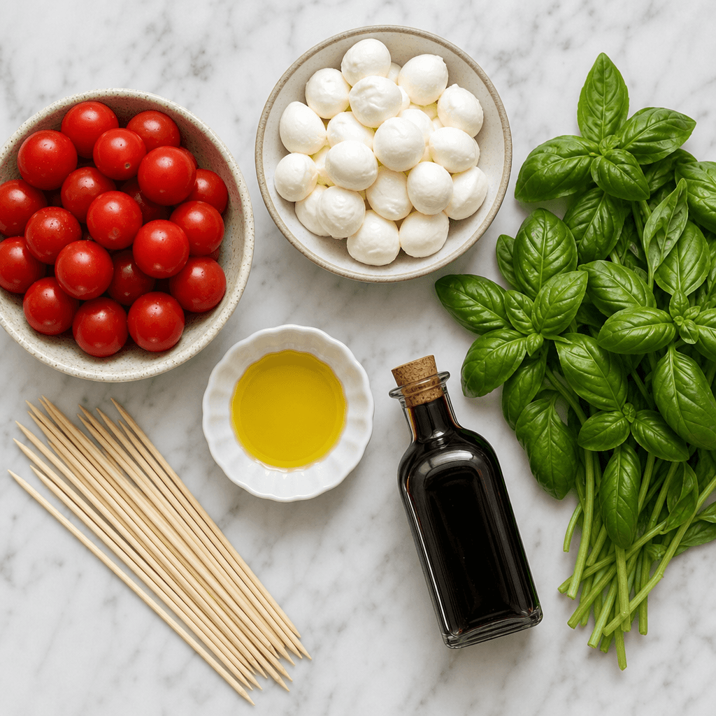 Fresh and Simple Caprese Skewers with Balsamic Glaze ingredients