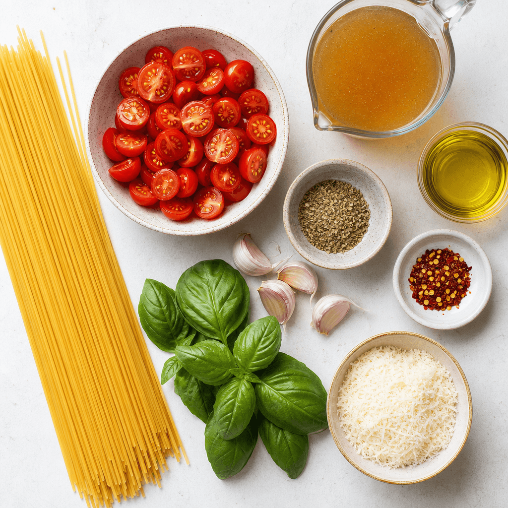 One-Pot Pasta with Tomato and Basil ingredients