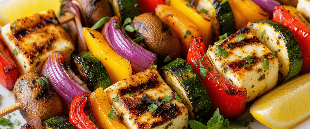 Grilled veggie and halloumi skewers