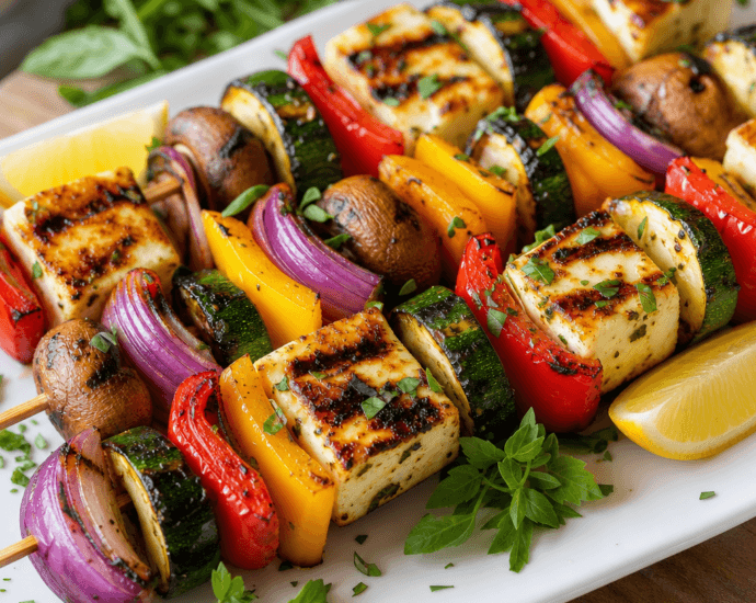 Grilled veggie and halloumi skewers