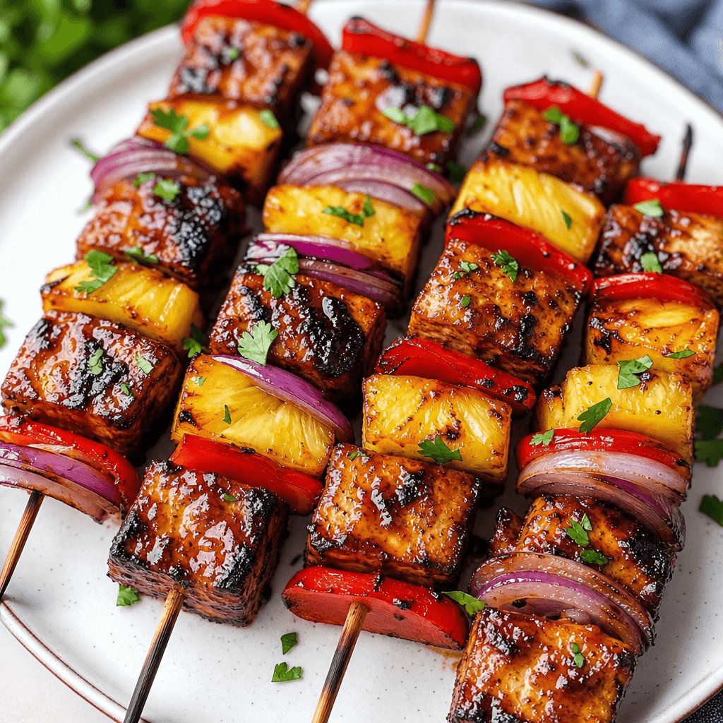 Grilled BBQ Tofu and Pineapple Skewers
