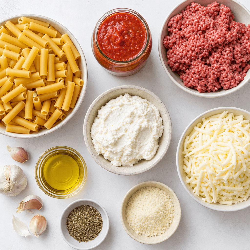Cheesy Baked Ziti ingredients