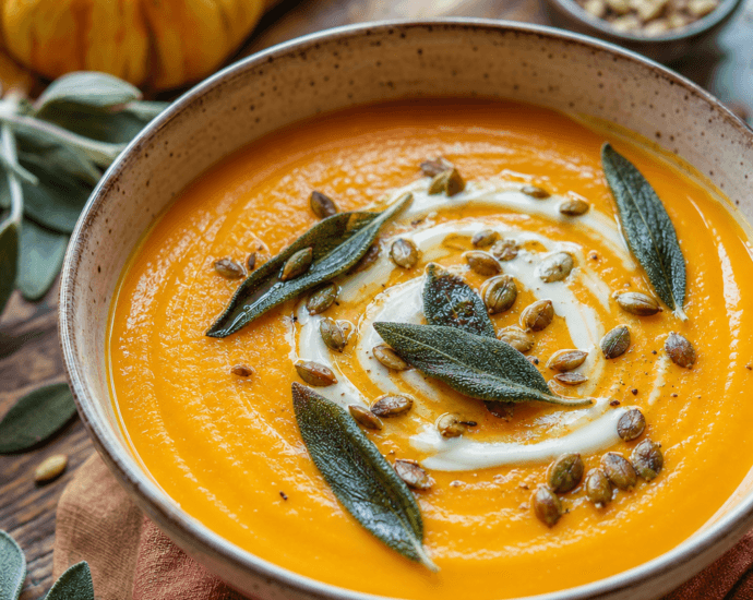 Cozy Roasted Butternut Squash Soup with Herb Infused Sage Cream