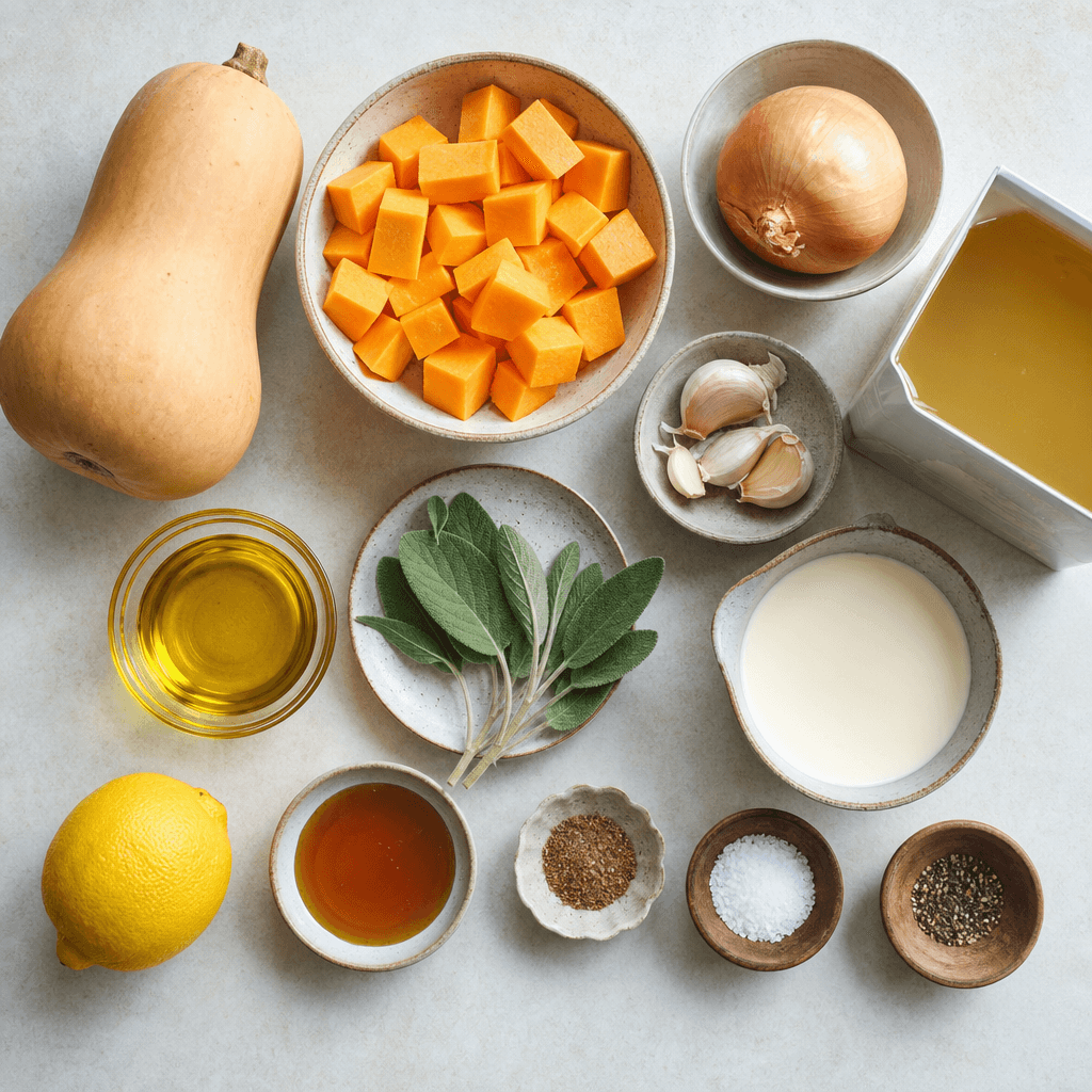 Cozy Roasted Butternut Squash Soup with Herb Infused Sage Cream ingredients