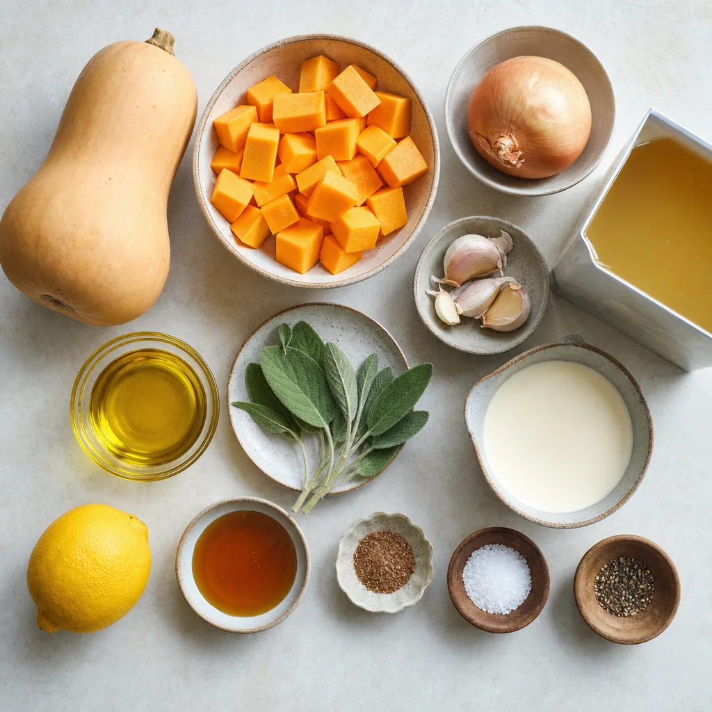 Cozy Roasted Butternut Squash Soup with Herb Infused Sage Cream ingredients