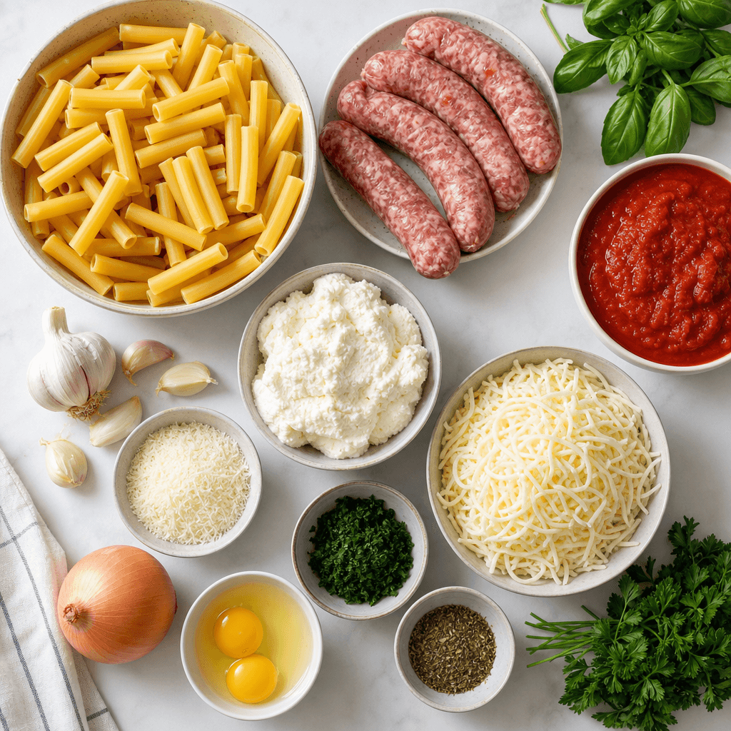 Comforting Baked Ziti with Sausage and Creamy Ricotta ingredients