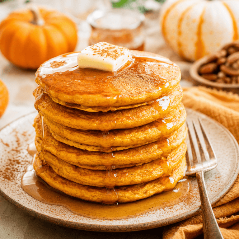 Pumpkin Pancakes with Warm Maple Syrup