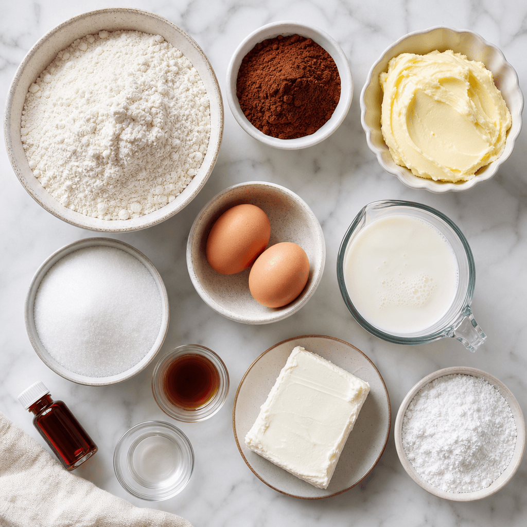 Red Velvet Cake Recipe with Cream Cheese Frosting ingredients