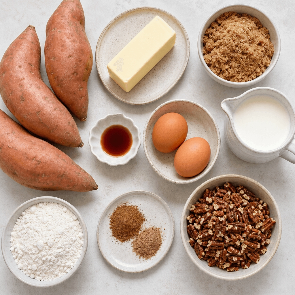 Delicious Sweet Potato Casserole with Crunchy Pecan Topping ingredients