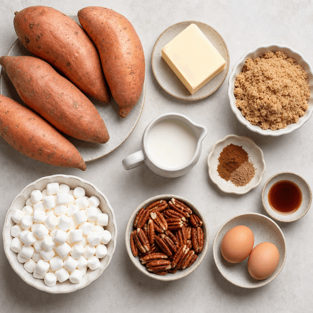 Irresistible Sweet Potato Casserole with Toasty Marshmallows ingredients