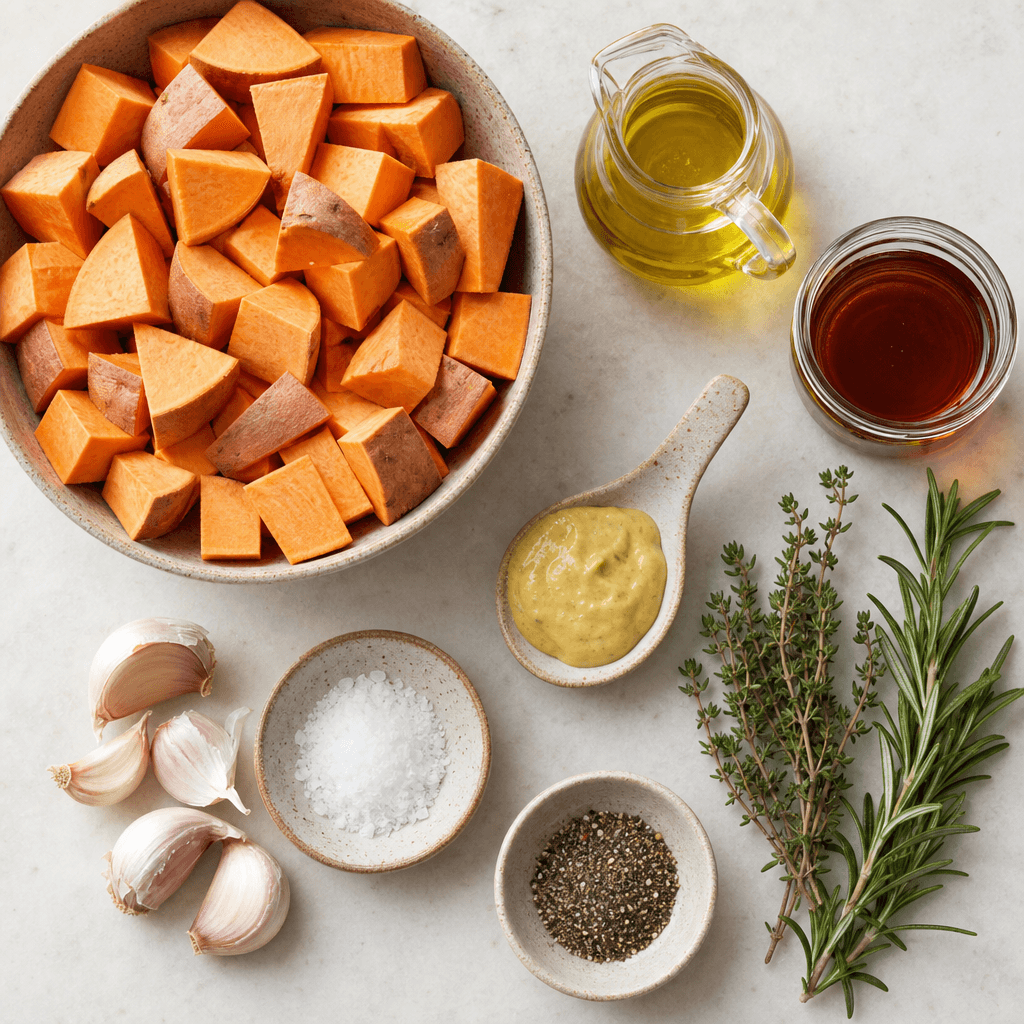 Maple Dijon Roasted Sweet Potatoes ingredients