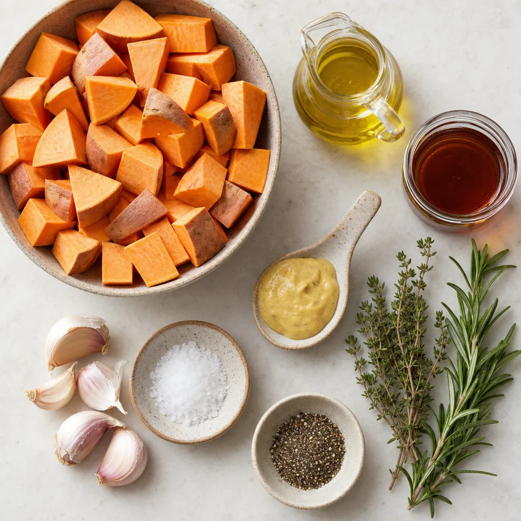 Maple Dijon Roasted Sweet Potatoes ingredients