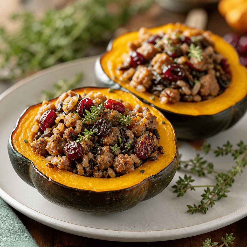Stuffed Acorn Squash with Sausage and Wild Rice