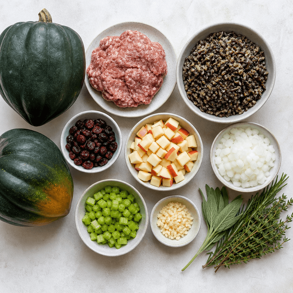 Stuffed Acorn Squash with Sausage and Wild Rice ingredients