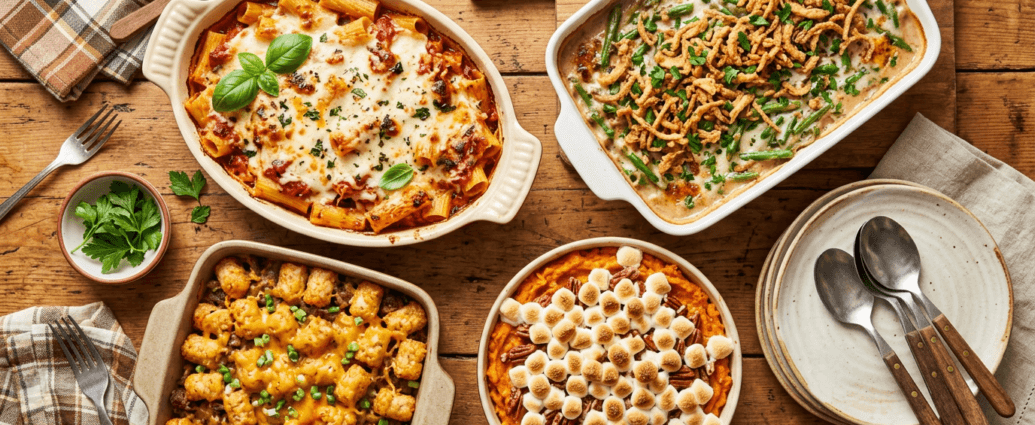A spread of comforting baked casseroles including cheesy pasta bake, green bean casserole, tater tot casserole, and sweet potato casserole