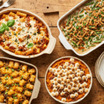 A spread of comforting baked casseroles including cheesy pasta bake, green bean casserole, tater tot casserole, and sweet potato casserole