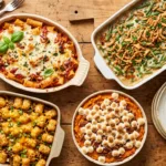 A spread of comforting baked casseroles including cheesy pasta bake, green bean casserole, tater tot casserole, and sweet potato casserole