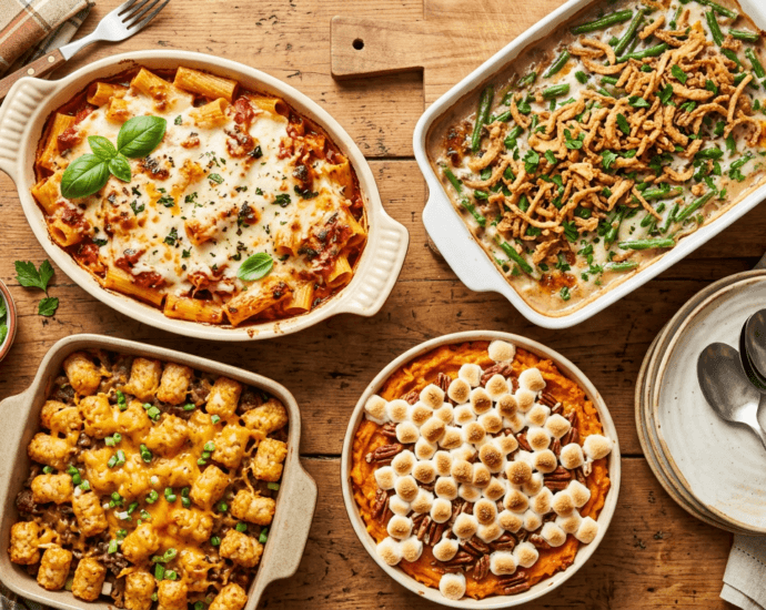 A spread of comforting baked casseroles including cheesy pasta bake, green bean casserole, tater tot casserole, and sweet potato casserole