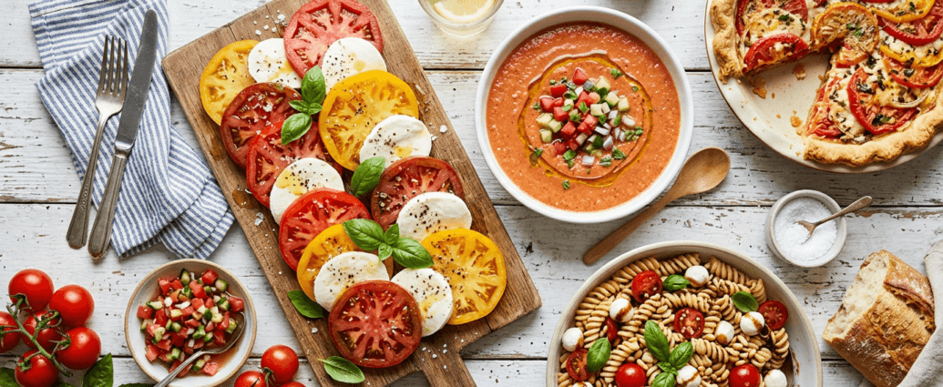 Overhead spread of fresh summer tomato recipes including caprese, gazpacho, and tomato pie
