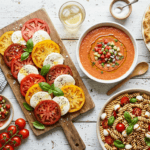 Overhead spread of fresh summer tomato recipes including caprese, gazpacho, and tomato pie