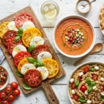 Overhead spread of fresh summer tomato recipes including caprese, gazpacho, and tomato pie