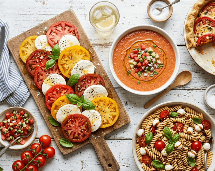 Overhead spread of fresh summer tomato recipes including caprese, gazpacho, and tomato pie