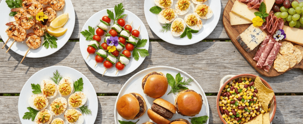 Overhead flat-lay of summer party appetizers including skewers, deviled eggs, sliders, and a cheese board