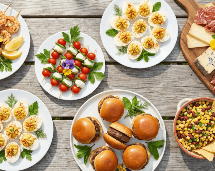 Overhead flat-lay of summer party appetizers including skewers, deviled eggs, sliders, and a cheese board