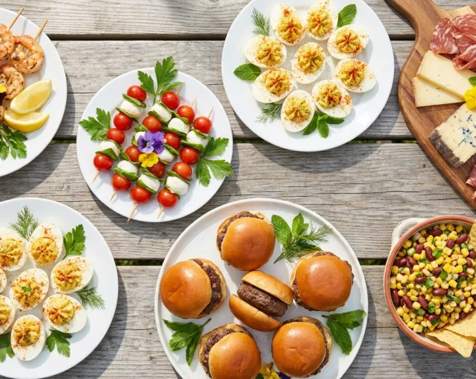 Overhead flat-lay of summer party appetizers including skewers, deviled eggs, sliders, and a cheese board