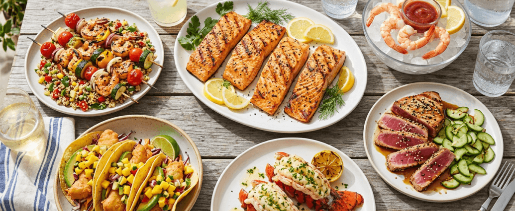 A bright overhead spread of summer seafood dishes including grilled salmon, lobster tails, shrimp skewers, and fish tacos