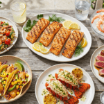 A bright overhead spread of summer seafood dishes including grilled salmon, lobster tails, shrimp skewers, and fish tacos