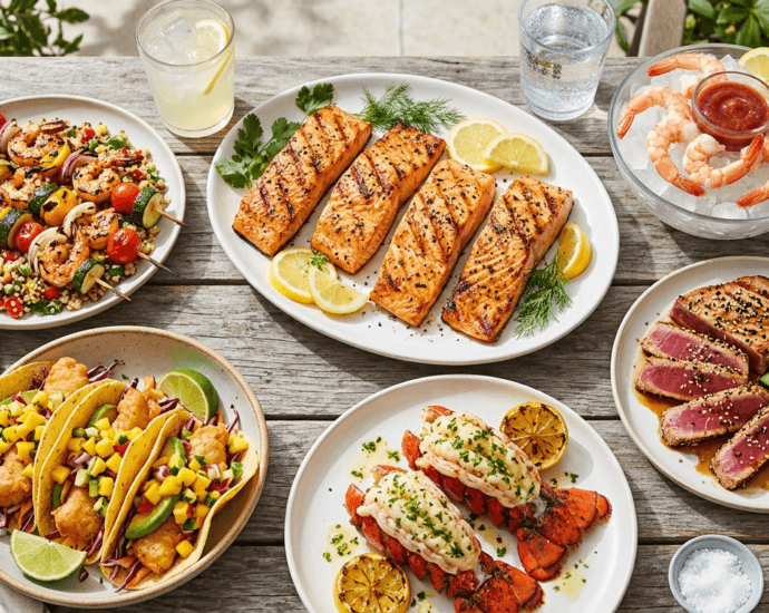 A bright overhead spread of summer seafood dishes including grilled salmon, lobster tails, shrimp skewers, and fish tacos