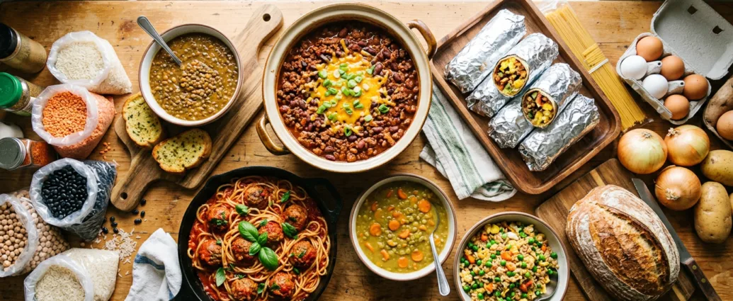 Overhead spread of budget friendly recipes including chili, lentil soup, spaghetti and meatballs and breakfast burritos