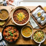 Overhead spread of budget friendly recipes including chili, lentil soup, spaghetti and meatballs and breakfast burritos