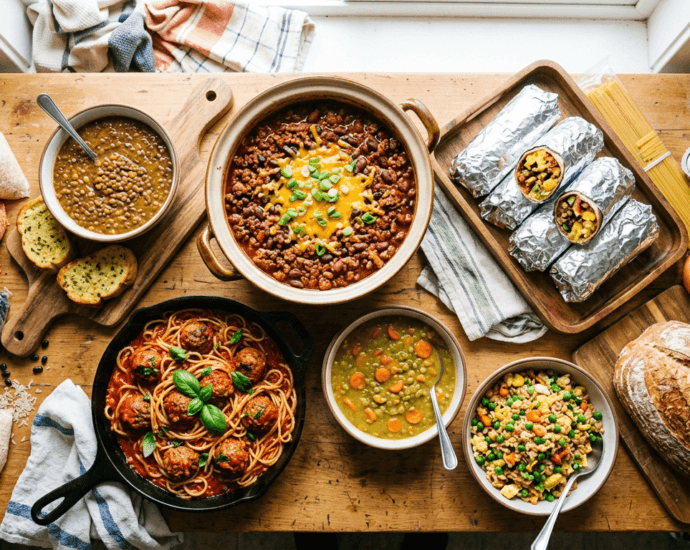 Overhead spread of budget friendly recipes including chili, lentil soup, spaghetti and meatballs and breakfast burritos