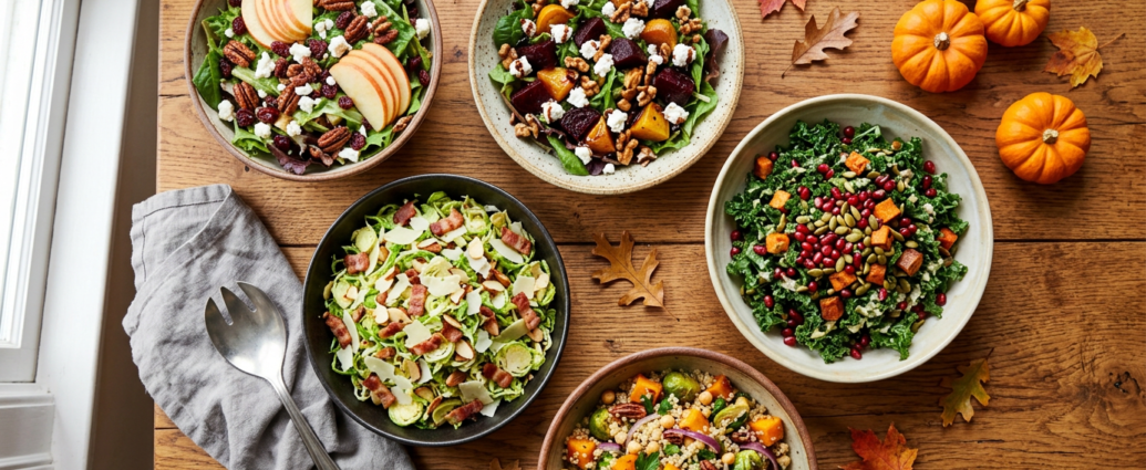 Overhead spread of fall salad recipes with roasted beets, apples, kale, and pomegranate