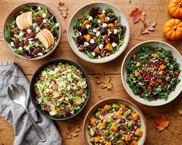 Overhead spread of fall salad recipes with roasted beets, apples, kale, and pomegranate