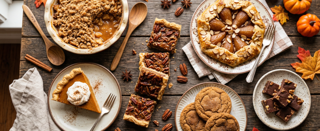 A spread of cozy fall desserts including apple crisp, pumpkin pie, and maple pecan bars