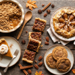 A spread of cozy fall desserts including apple crisp, pumpkin pie, and maple pecan bars