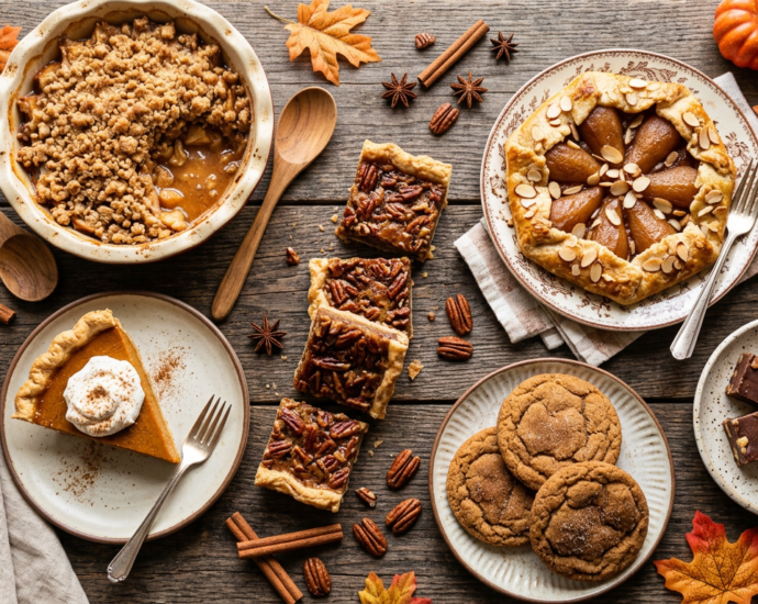 A spread of cozy fall desserts including apple crisp, pumpkin pie, and maple pecan bars